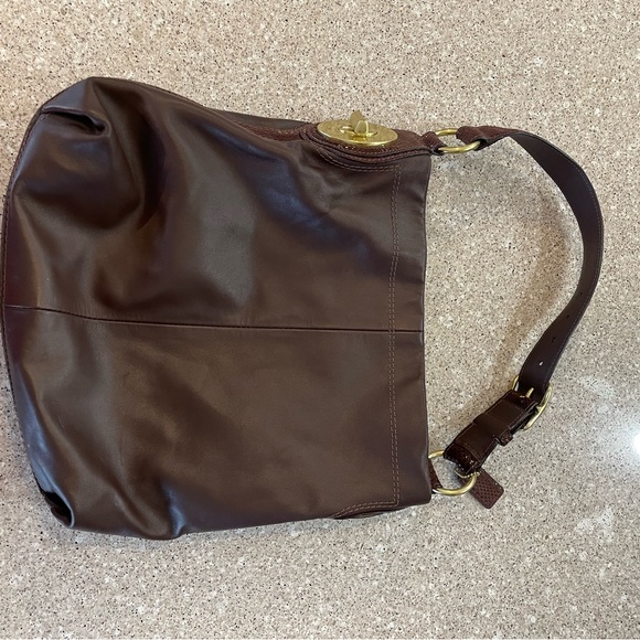 Coach chocolate brown leather shoulder bag with croc leather & gold hardware - Picture 5 of 6
